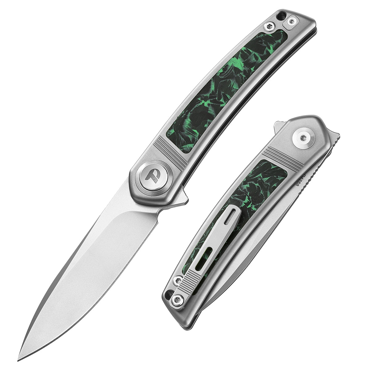 DreamTech D4288S front view – 4.33" satin M390 drop point folding knife, titanium and green carbon fiber handle, button lock