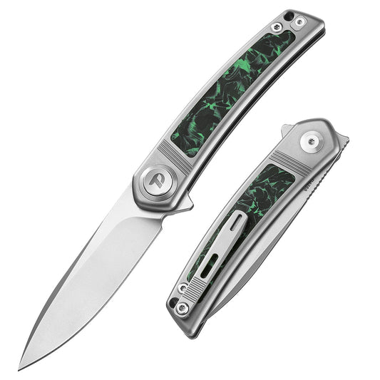 DreamTech D4288S front view – 4.33" satin M390 drop point folding knife, titanium and green carbon fiber handle, button lock