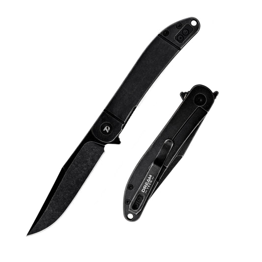 DreamTech D4366 D4366VB front view – 4.02" VG10 folding knife with black titanium handle and liner lock