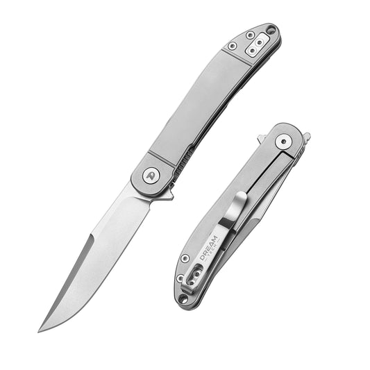 DreamTech D4366 D4366VG front view – 4.02" VG10 folding knife with gray titanium handle and liner lock