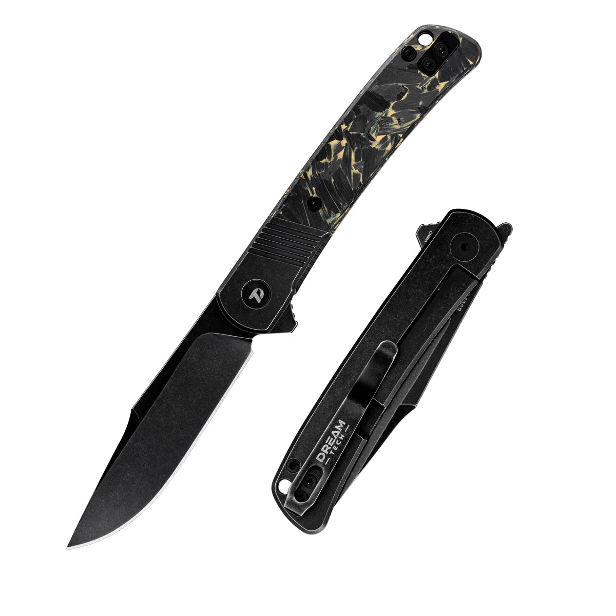 DreamTech D4368VB front view – 4.02" black stonewash VG10 drop point folding knife with titanium and carbon fiber handle