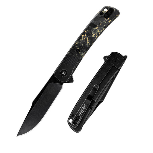 DreamTech D4368VB front view – 4.02" black stonewash VG10 drop point folding knife with titanium and carbon fiber handle
