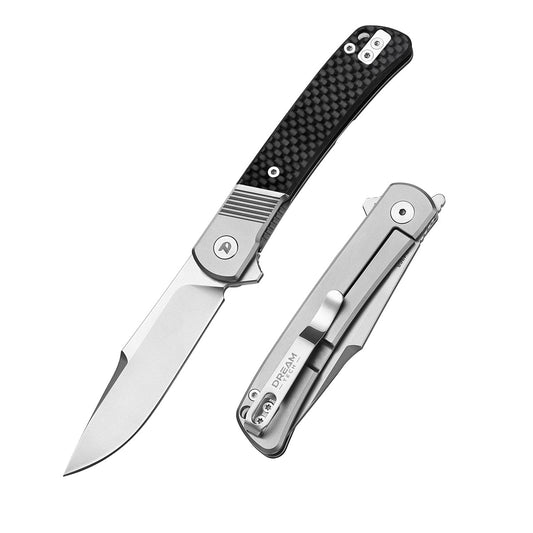 DreamTech D4368VC front view – 4.02" VG10 drop point folding knife with gray titanium and carbon fiber handle