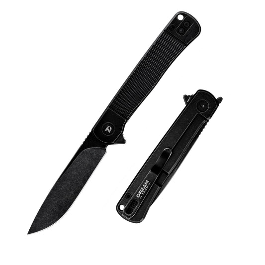 DreamTech D4369B front view – 4.06″ VG10 folding knife with black titanium handle and liner lock