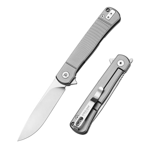 DreamTech D4369VG front view – 4.06" VG10 titanium folding knife with gray handle and liner lock