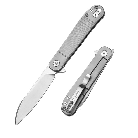 DreamTech D4370VG front view – 4.02″ VG10 folding knife with gray titanium handle