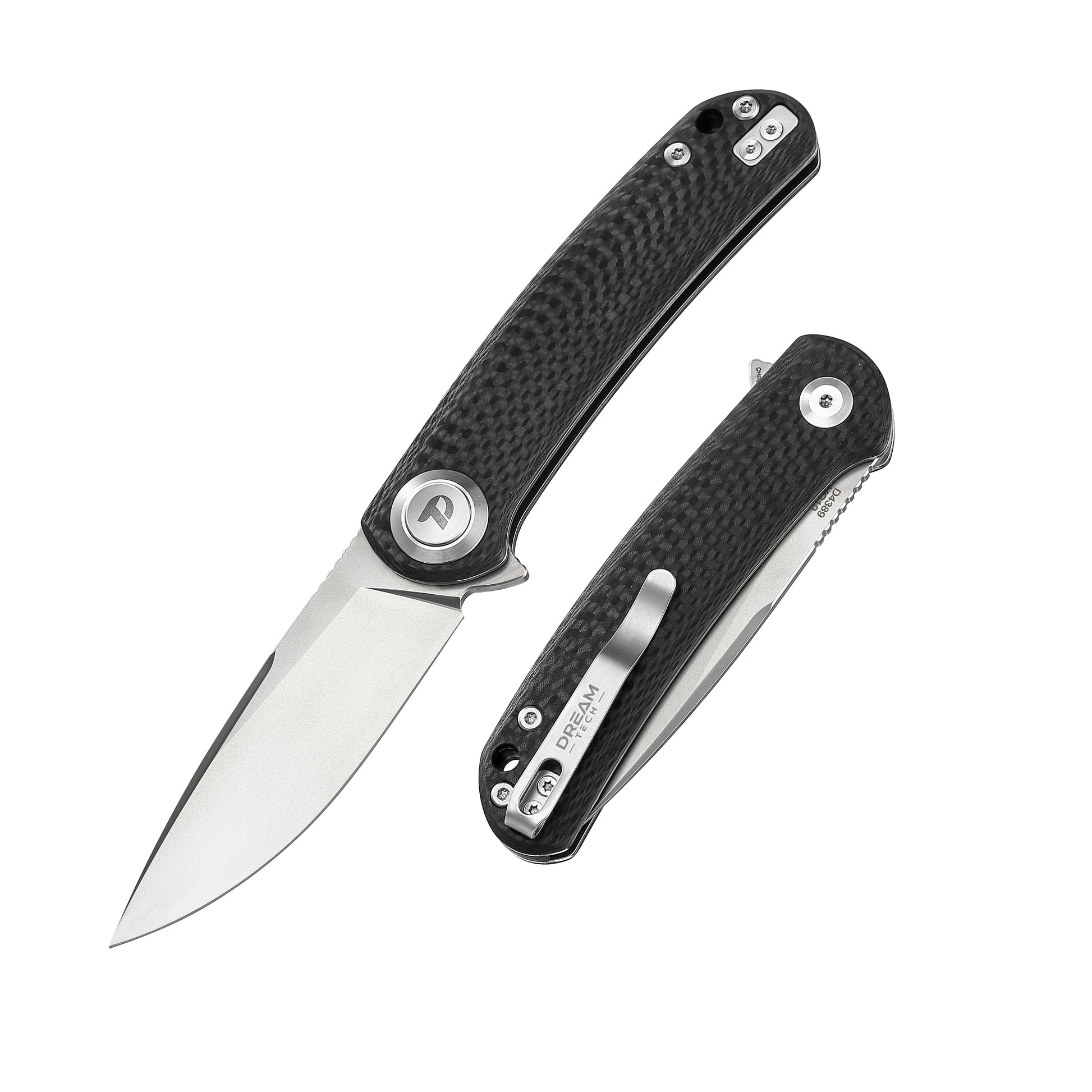 DreamTech D4389C front view – 4.49" satin VG10 drop point folding knife, carbon fiber handle, button lock