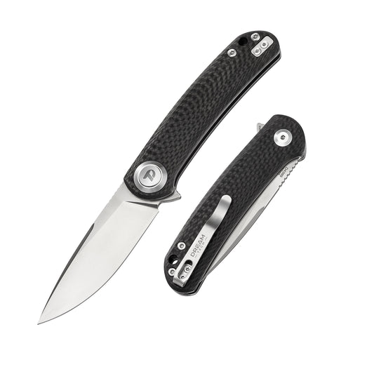 DreamTech D4389C front view – 4.49" satin VG10 drop point folding knife, carbon fiber handle, button lock
