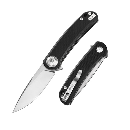 DreamTech D4389GB front view – 4.45" satin D2 drop point folding knife, black G10 handle, button lock