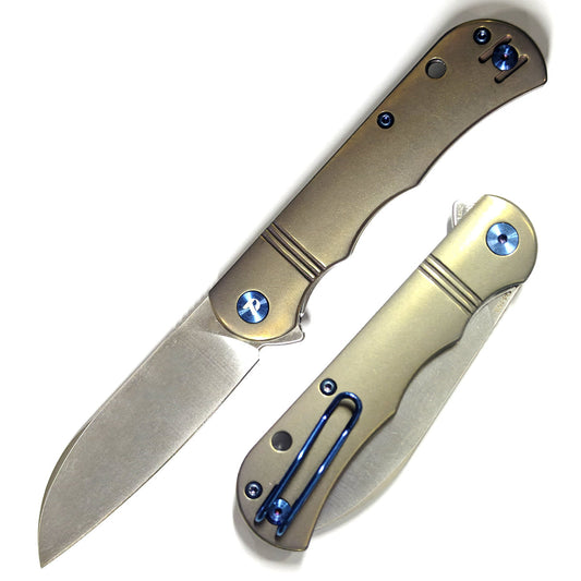 DreamTech D4453LBR front view – 3.15″ satin 14C28N sheepsfoot folding knife with bronze titanium handle