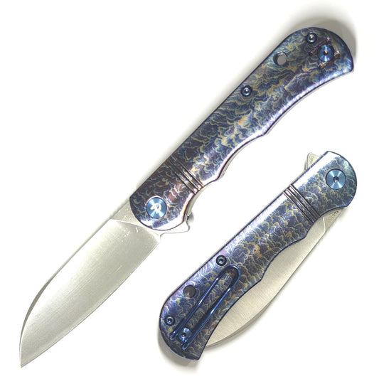DreamTech D4453LF front view – 3.15″ satin 14C28N sheepsfoot folding knife with flamed titanium handle
