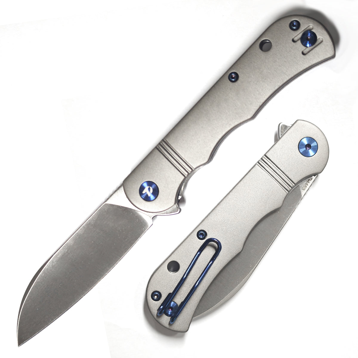 DreamTech D4453LG front view – 3.15″ satin 14C28N sheepsfoot folding knife with gray titanium handle
