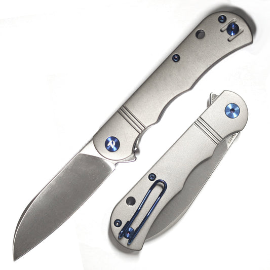 DreamTech D4453LG front view – 3.15″ satin 14C28N sheepsfoot folding knife with gray titanium handle