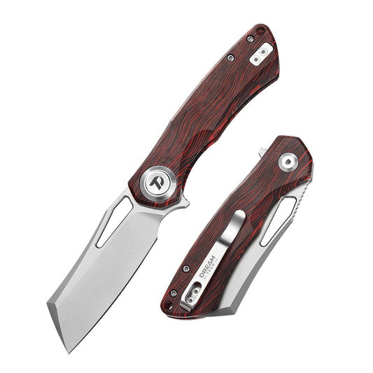 DreamTech D4507GW front view – 3.07" satin VG10 cleaver folding knife with red wood grain G10 handle