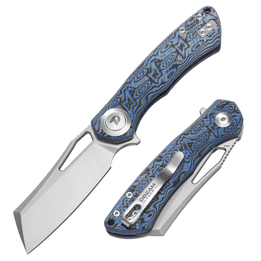 DreamTech D4507 Cleaver D4507MBL front view – 3.07" satin VG10 cleaver folding knife with blue and black Micarta handle