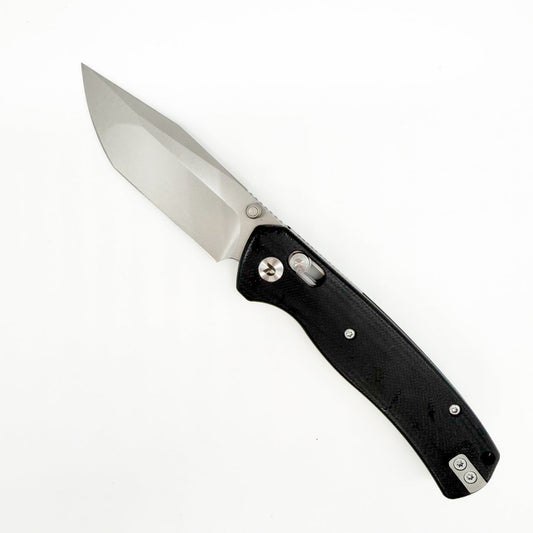DreamTech D4508GB front view – 2.99″ satin 14C28N tanto folding knife, black G10 handle, crossbar lock