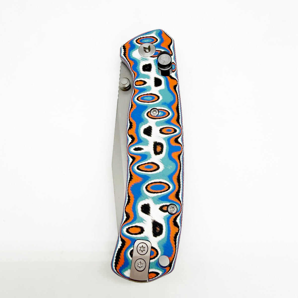 DreamTech D4508MBO closed view, blue and orange vortex micarta handle