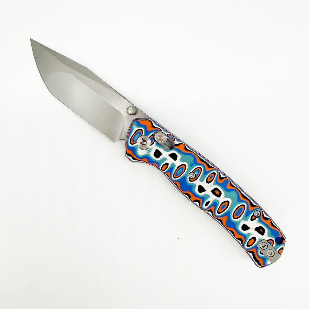 DreamTech D4508MBO front view – 2.99″ satin 14C28N tanto folding knife, blue and orange vortex micarta handle, crossbar lock