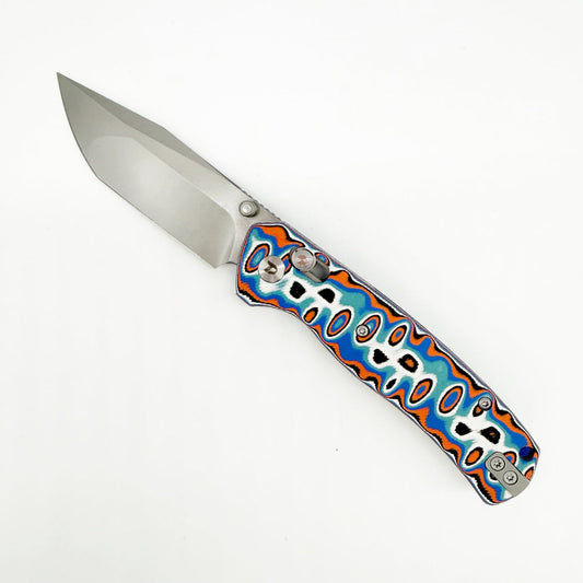 DreamTech D4508MBO front view – 2.99″ satin 14C28N tanto folding knife, blue and orange vortex micarta handle, crossbar lock
