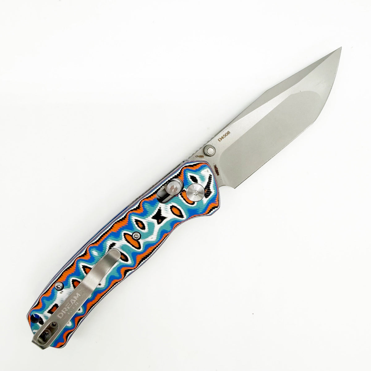 DreamTech D4508MBO open position showing satin 14C28N tanto blade