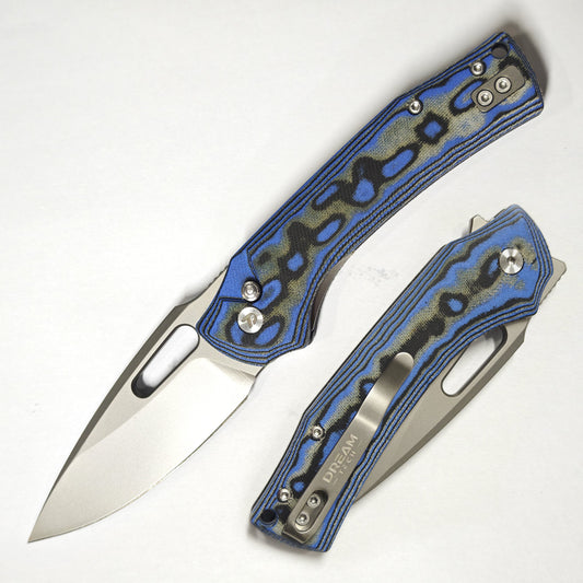 DreamTech D4542MBL front view – 3.03″ D2 blade folding knife with blue Micarta handle