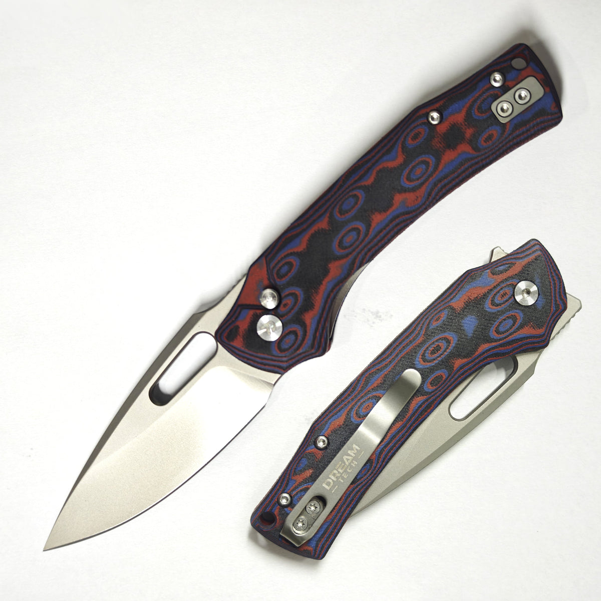 DreamTech D4542MR front view – 3.03″ D2 blade folding knife with red Micarta handle