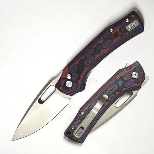 DreamTech D4542MR front view – 3.03″ D2 blade folding knife with red Micarta handle