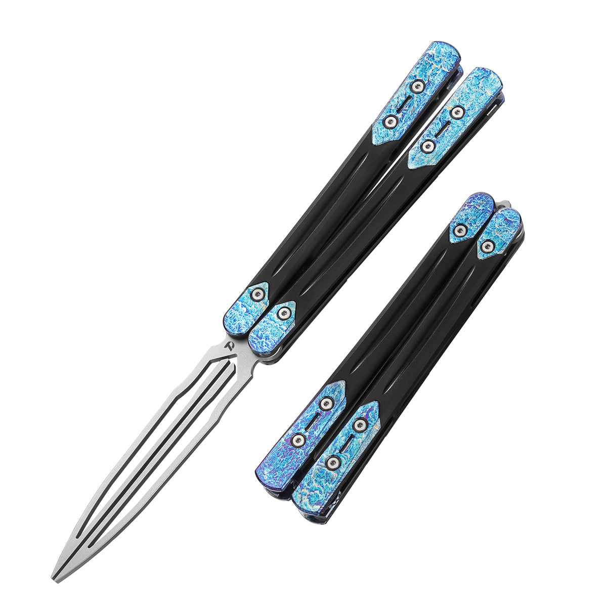 DreamTech Balisong D4548SF front view – 4.21" 7Cr17 butterfly knife with flamed TC4 titanium and 7075 aluminum handles