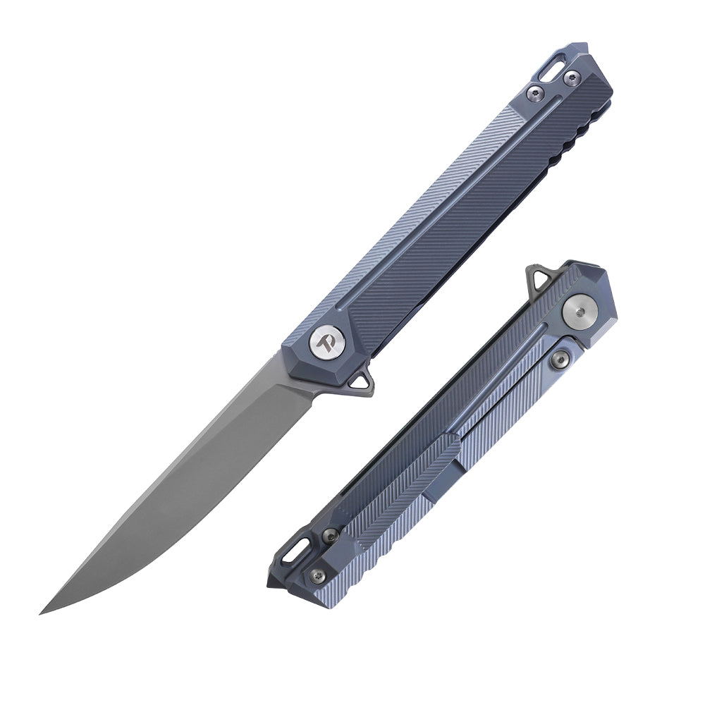 DreamTech D5311BL front view – 3.74" satin S35VN drop point folding knife, blue titanium frame lock