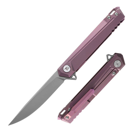DreamTech D5311P blade detail – 3.74 inch satin S35VN drop point, purple titanium frame lock folding knife