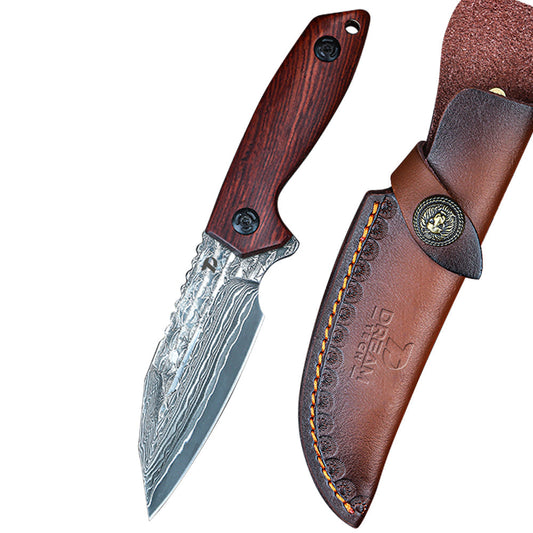 DreamTech D7111RD front view – 3.86" Damascus drop point fixed blade knife, redwood handle, leather sheath