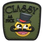 Classy As F*ck Morale Patch DAI-YJ front view – 1.65″ x 1.65″ olive smiley with top hat and monocle 3D PVC patch