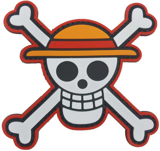 Straw Hat Skull Morale Patch DCR-GT front view – 3.54″ x 3.54″ skull in orange straw hat over crossbones 3D PVC patch