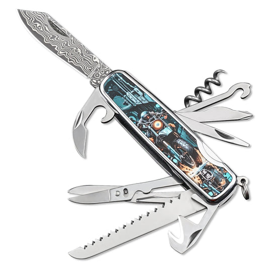 HX Outdoors DAMASK MOTORIX DD-14A front view – 5.59" 9-in-1 VG10 Damascus multi-tool