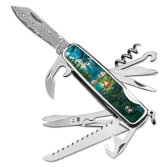 HX Outdoors DAMASK CAMPHOR DD-14B front view – 9-in-1 VG10 Damascus EDC multi-tool