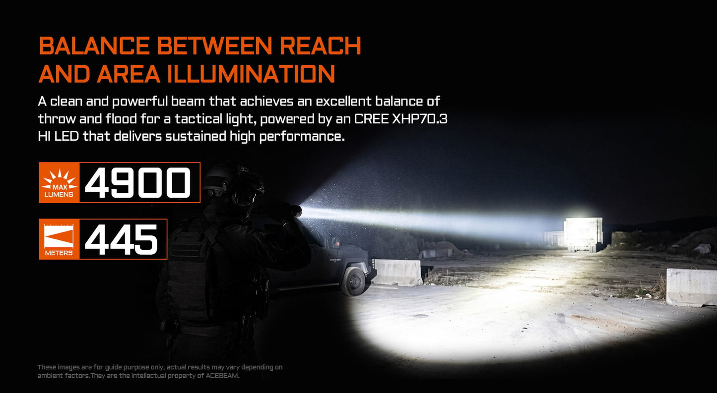 Acebeam Defender P17 Black beam shot – 4,900 lumen 445 meter throw illumination