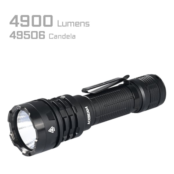 Acebeam Defender P17 Black side profile view – 4,900 lumen dual tail switch tactical flashlight with pocket clip