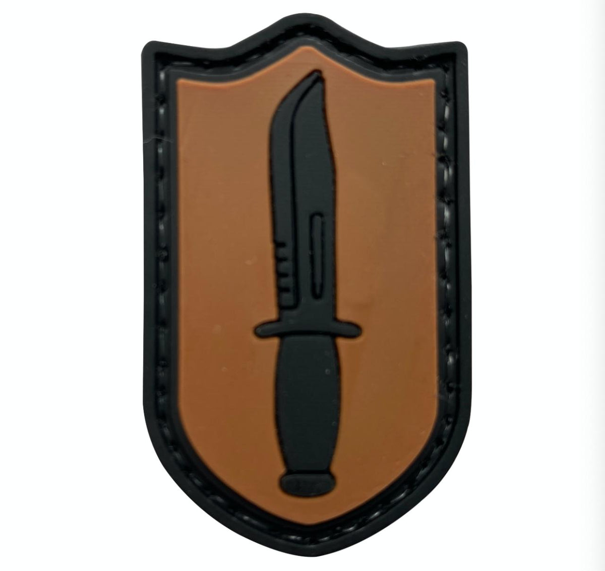 Dagger Shield Morale Patch DG-BR front view – 1.18″ x 1.97″ brown shield with black dagger 3D PVC patch