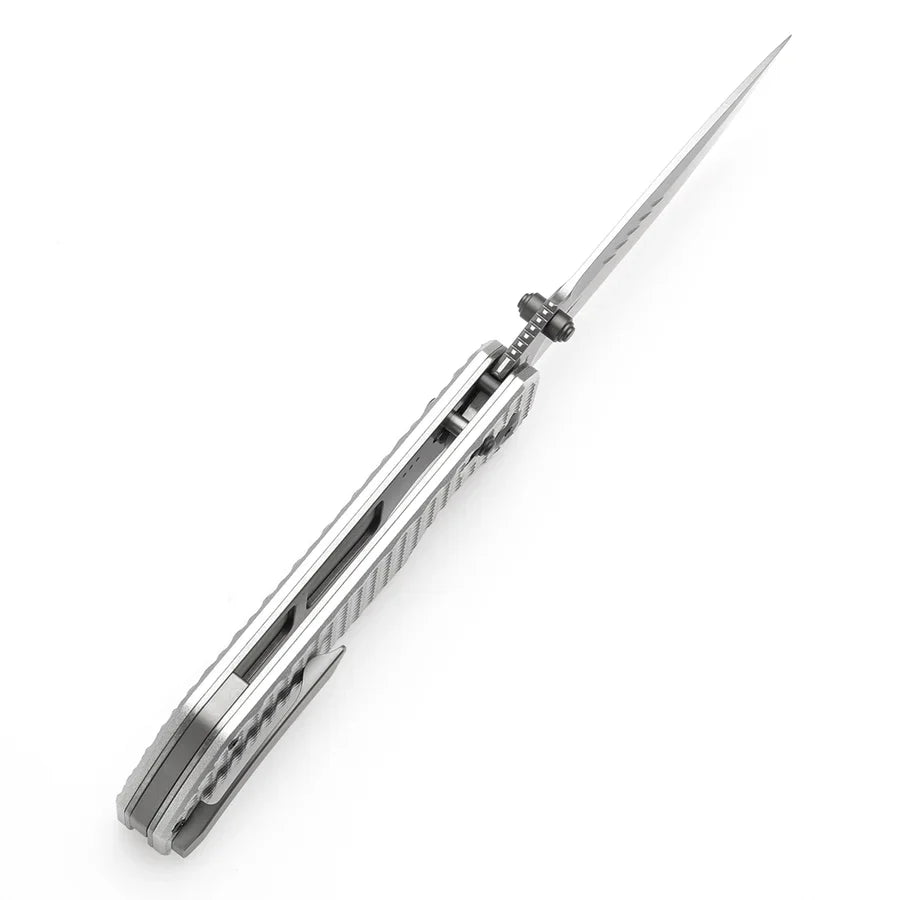 Tenable Eaglestrike T1095V4 – 3.73" Stonewashed Nitro-V Drop Point Blade, Silver Anodized Aluminum Handle with Diamond Pattern