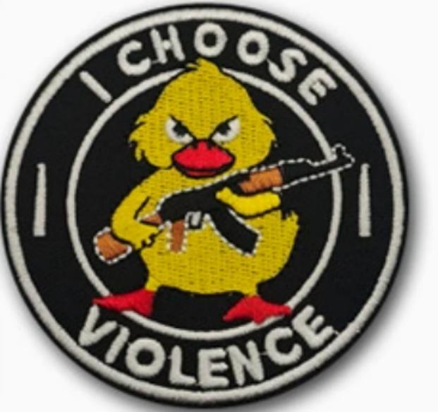 I Choose Violence Duck Embroidered Morale Patch E-BLYZ front view – 2.95″ round armed duck embroidered patch