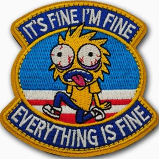 It's Fine I'm Fine Everything Is Fine Chicken Embroidered Morale Patch E-PPM9 front view – 3.07″ x 3.15″ panicked chicken embroidered patch