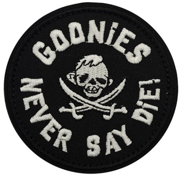 Goonies Never Say Die Pirate Skull Embroidered Morale Patch E-YBSS front view – 3.07″ round pirate skull embroidered patch