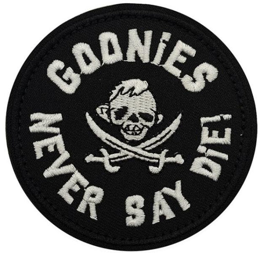 Goonies Never Say Die Pirate Skull Embroidered Morale Patch E-YBSS front view – 3.07″ round pirate skull embroidered patch
