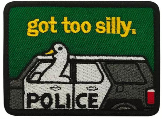 Silly Goose Police Embroidered Morale Patch E-YJC1 front view – 3.15″ x 1.97″ goose and patrol car embroidered patch