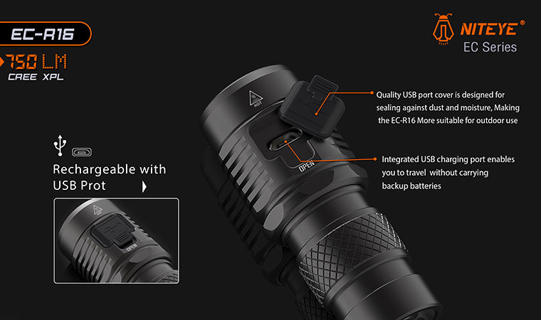 Jetbeam EC-R16 1x CR123A / 1x 16340 750 Lumens CREE XP-L LED USB Rechargeable Flashlight