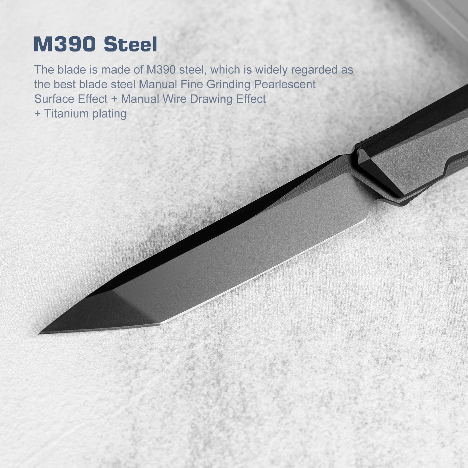 Remette RT-ELIGO EGA1 blade detail – manual fine grinding pearlescent M390 tanto with black titanium plating