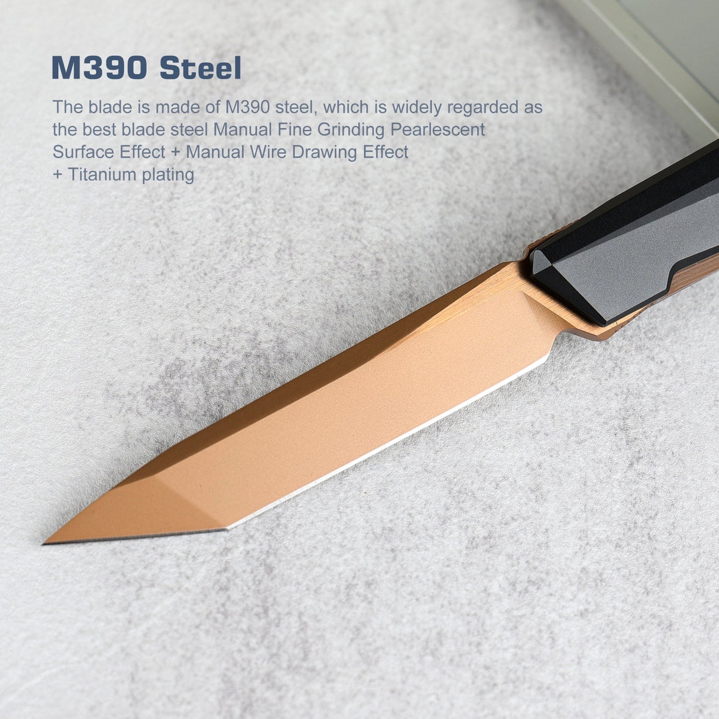 Remette RT-ELIGO EGA2 blade detail – manual fine grinding pearlescent M390 tanto with bronze titanium plating