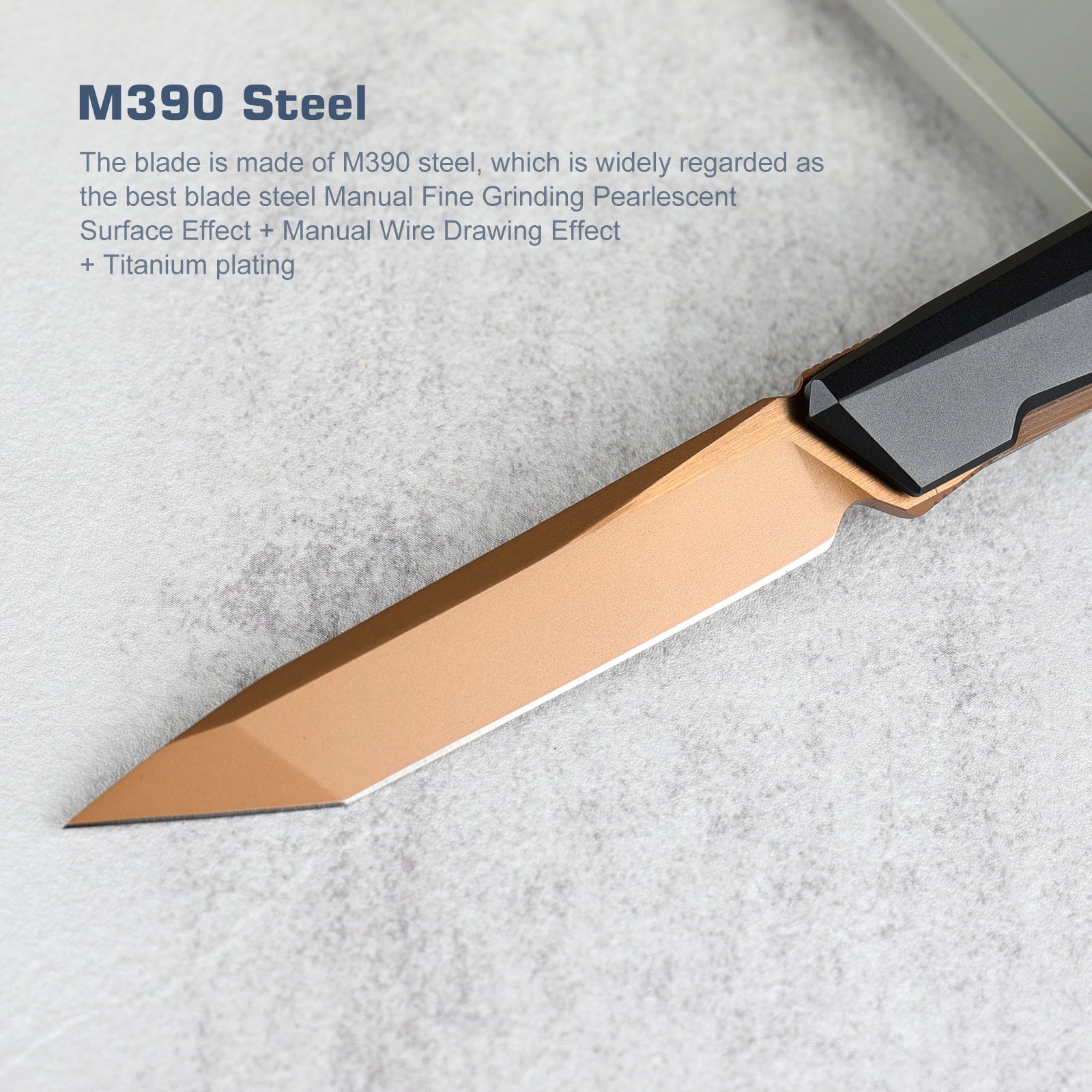 Remette RT-ELIGO EGA2 blade detail – manual fine grinding pearlescent M390 tanto with bronze titanium plating