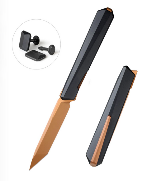 Remette RT-ELIGO EGA2 knife and titanium cufflinks set – 2.76" bronze pearlescent M390 tanto titanium folding knife with matching cufflinks