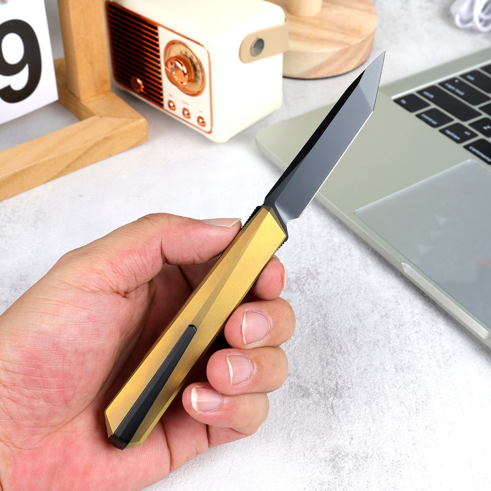 Remette RT-ELIGO EGA3 closed view – 3.90" closed titanium folding knife with tip-up pocket clip